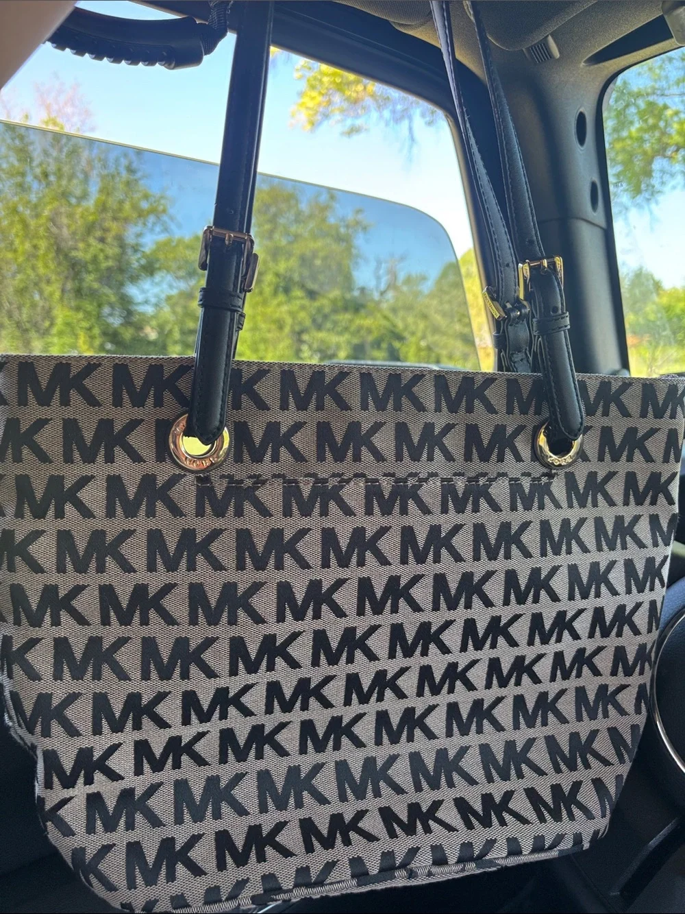 Michael Kors Black and Beige MK Logo Tote with Tassel Charm - Picture 8 of 13